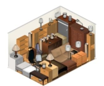 Cutaway illustration of a 10 by 18 storage unit fitting a sofa, bed, dressers, and multiple bedroom sets.
