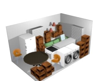 Cutaway illustration of a 10 by 10 storage unit fitting a washer and dryer, a table and chairs, and boxed appliances.