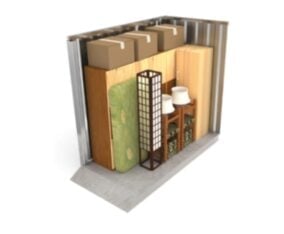 Cutaway illustration of a 5 by 10 storage unit fitting a mattress set, boxes, and a shelving unit.