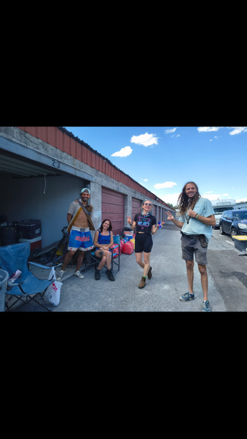 A group of burners relaxing by their storage unit before Burning Man